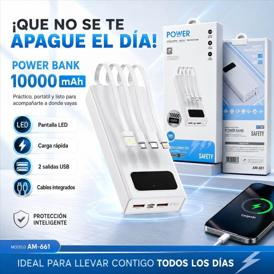 Power Bank 10000 mAh Cables Integrados
